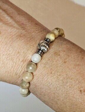 T. Jazelle Beaded Stretch Bracelet Faceted Brown Beige Agate Stones